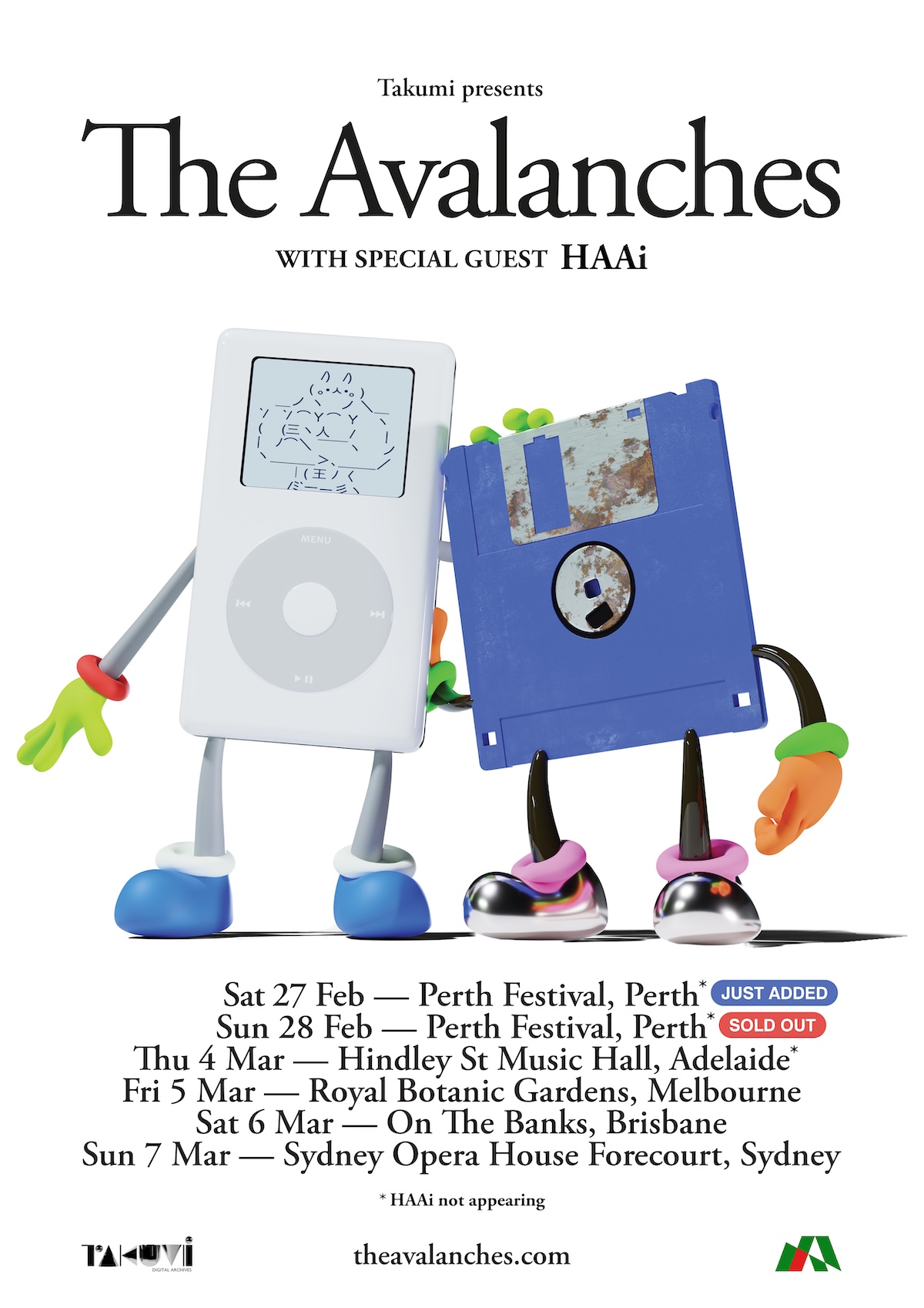The Avalanches Australian tour poster featuring an iPod and floppy disk character, listing tour dates in Perth, Adelaide, Melbourne, and Sydney.
